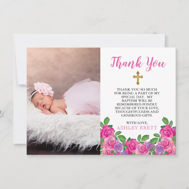 Tarjeta De Agradecimiento Acuarela Rosa Baptismo Floral Foto Gracias (Anverso)