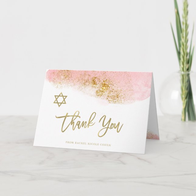 Tarjeta De Agradecimiento Acuarela rosa | Faux Gold Bat Mitzvah (Anverso)