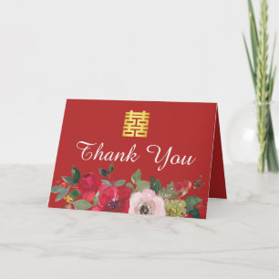 Tarjeta De Agradecimiento acuarela rosa roja floral moderna boda chino