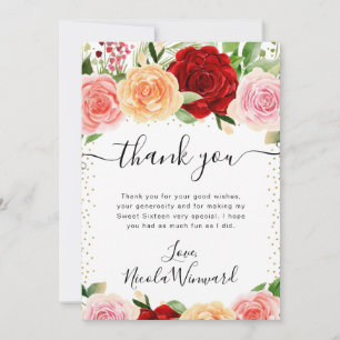 Tarjeta De Agradecimiento Acuarela Rosas Rojas y Naranjas Flores Dulces 16