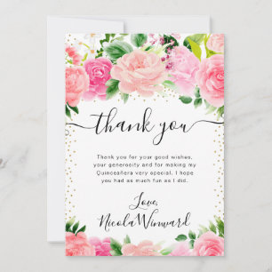 Tarjeta De Agradecimiento Acuarela Rosas Rosadas Flores de Verano Quinceañer