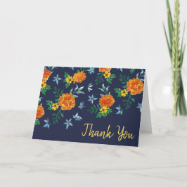 Tarjeta De Agradecimiento Acuarela Simple Flores Marigold Azul Medianoche