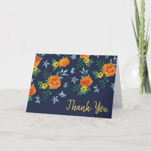 Tarjeta De Agradecimiento Acuarela Simple Flores Marigold Azul Medianoche