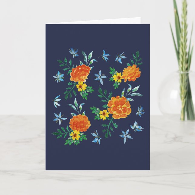Tarjeta De Agradecimiento Acuarela Simple Flores Marigold Azul Medianoche (Anverso)