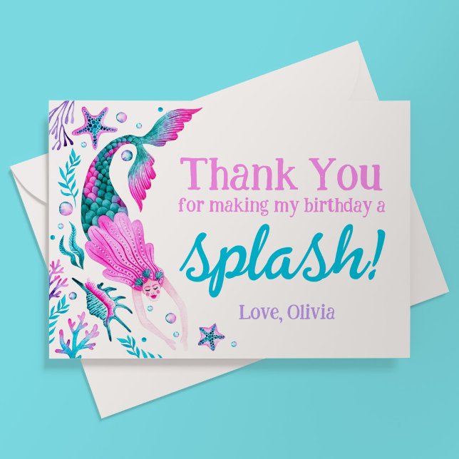 Tarjeta De Agradecimiento Acuarela Sirena Cumpleaños Gracias (Watercolor Mermaid Birthday Thank You)