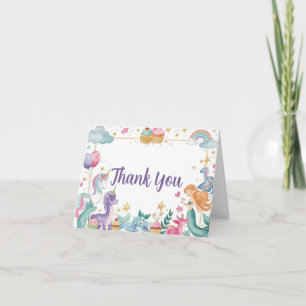 Tarjeta De Agradecimiento Acuarela Sirena Unicornio Arcoíris Cumpleaños Dobl