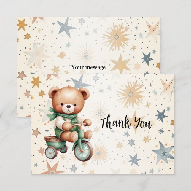 Tarjeta De Agradecimiento Acuarela Teddy Bear Stars Green Bike Fiesta (Anverso / Reverso)