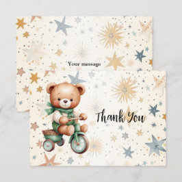 Tarjeta De Agradecimiento Acuarela Teddy Bear Stars Green Bike Fiesta