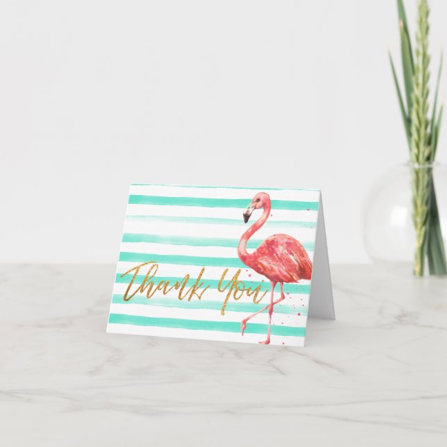 Tarjeta De Agradecimiento Acuarela tropical Flamingo Gold | Gracias (Anverso)