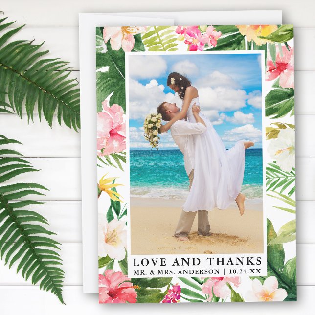 Tarjeta De Agradecimiento Acuarela Tropical Floral Amor y Gracias (Customize to change text size or to add text to back of card.)