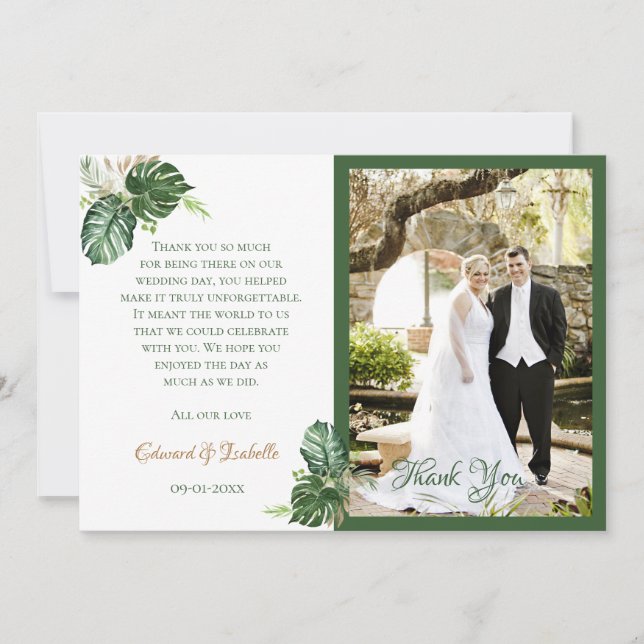 Tarjeta De Agradecimiento Acuarela tropical Palm Verde hojas Boda (Anverso)