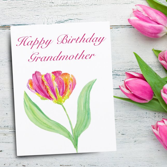Tarjeta De Agradecimiento Acuarela Tulipán Rosado Caliente Nacimiento Abuela (A hand painted watercolor that will bring a smile to your Grandmother's birthday!)