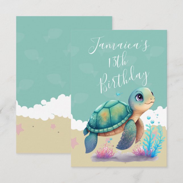 Tarjeta De Agradecimiento Acuarela Turtle Ocean Birday Party (Fiesta de Cump (Anverso / Reverso)
