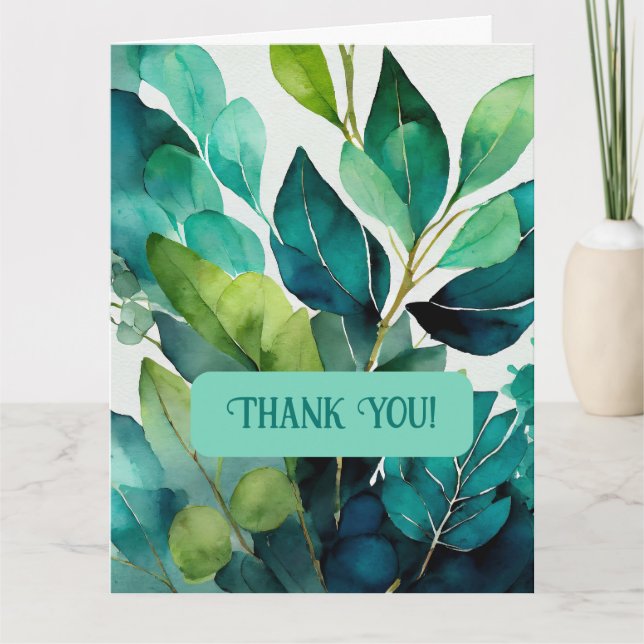 Tarjeta De Agradecimiento Acuarela, Verde azulada, Azul, Verde, Botánica, Re (Anverso)