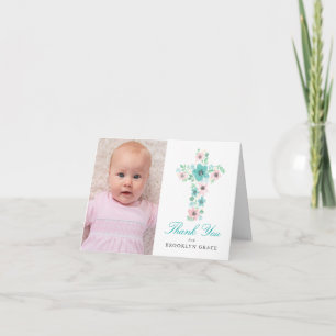 Tarjeta De Agradecimiento Acuarela Verde azulada y rosa Flower Cross Baptism