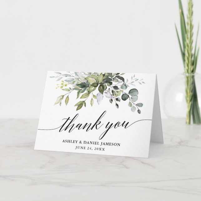 Tarjeta De Agradecimiento Acuarela Verde Calligrafía Boda Fold (Anverso)