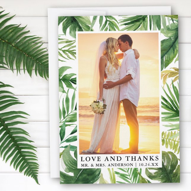 Tarjeta De Agradecimiento Acuarela Verde tropical Amor Gracias Boda (Customize to change text size or to add text to back of card.)