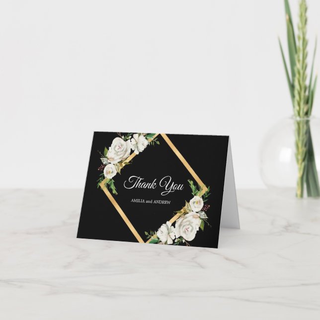 Tarjeta De Agradecimiento Acuarela White Black Gold Boda Floral Gracias (Anverso)