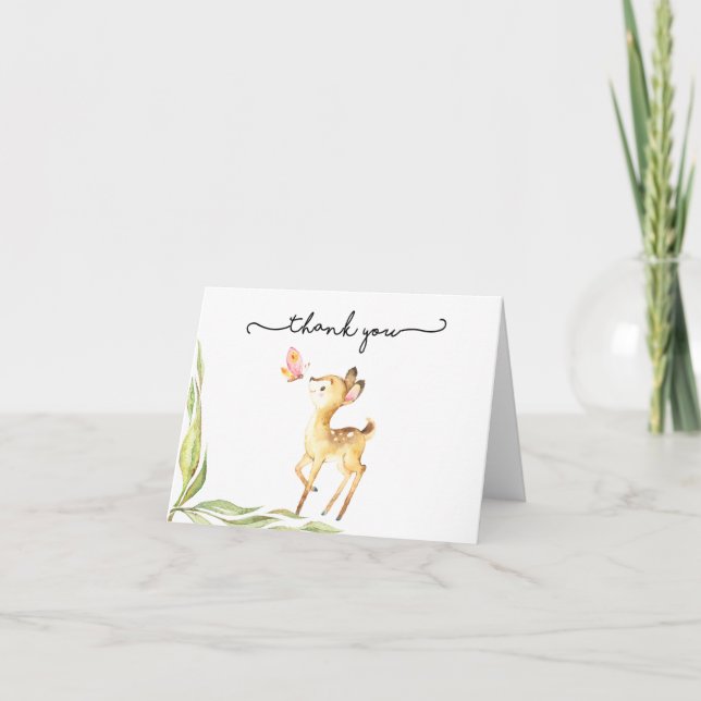 Tarjeta De Agradecimiento Adorable Baby Deer Con Baby Shower De Mariposa (Anverso)