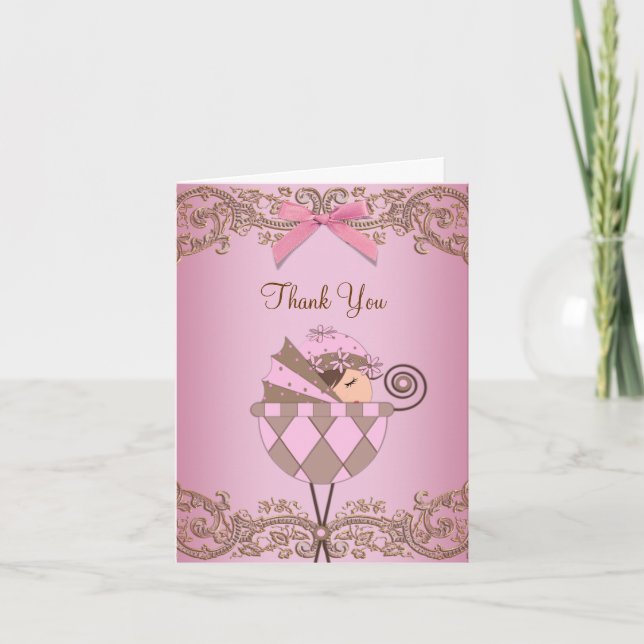 Tarjeta De Agradecimiento Adorable Baby Shower Pink Brown Gracias Cartas (Anverso)