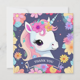 Tarjeta De Agradecimiento Adorable bebé unicornio blanco con flores
