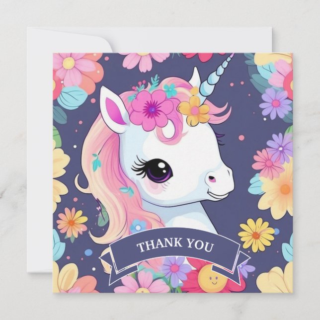 Tarjeta De Agradecimiento Adorable bebé unicornio blanco con flores (Anverso)