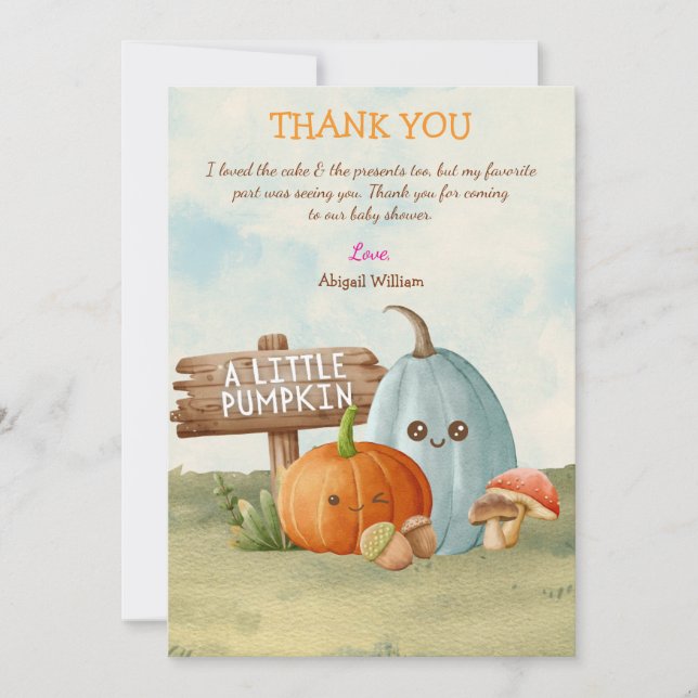 Tarjeta De Agradecimiento Adorable Calabaza Baby Shower Gracias a las tarjet (Anverso)