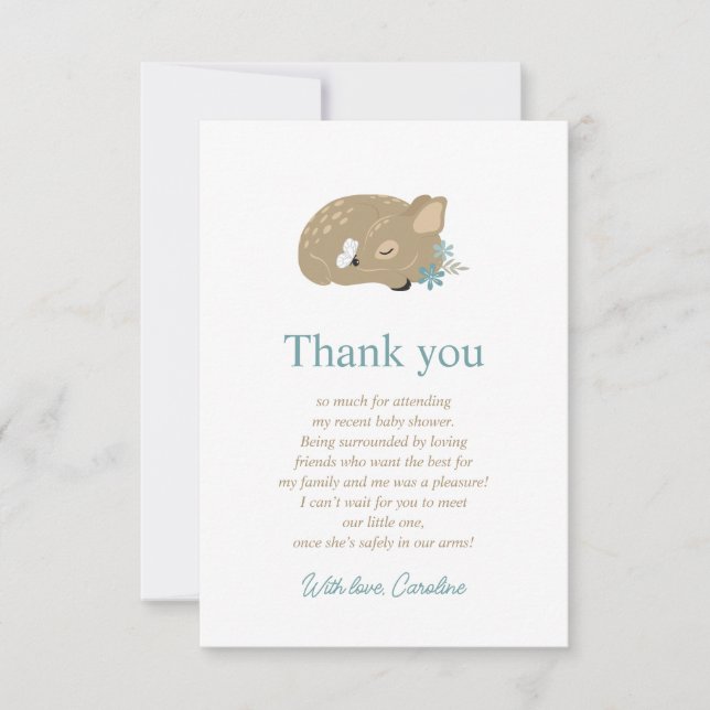 Tarjeta De Agradecimiento Adorable Fawn Baby Shower Gracias (Anverso)
