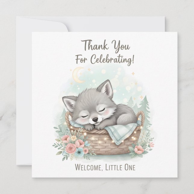 Tarjeta De Agradecimiento Adorable, fluffy baby wolf  Baby Shower  (Anverso)