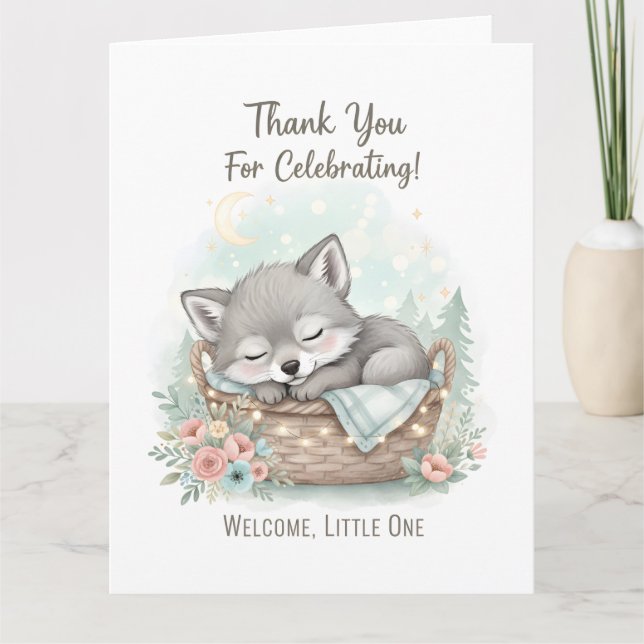 Tarjeta De Agradecimiento Adorable, fluffy baby wolf  Baby Shower  (Anverso)