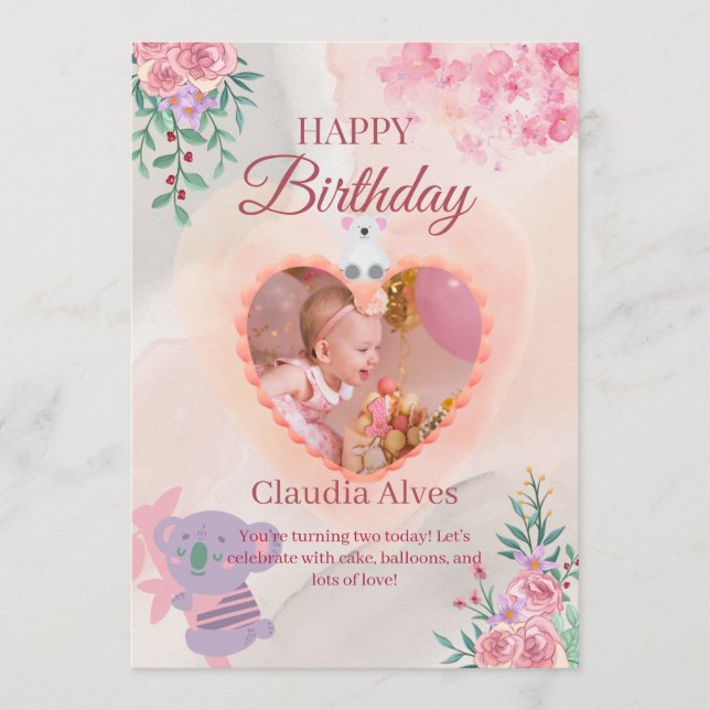 Tarjeta De Agradecimiento Adorable Koala & Girl Birthday Card for Kids Happy (Anverso)