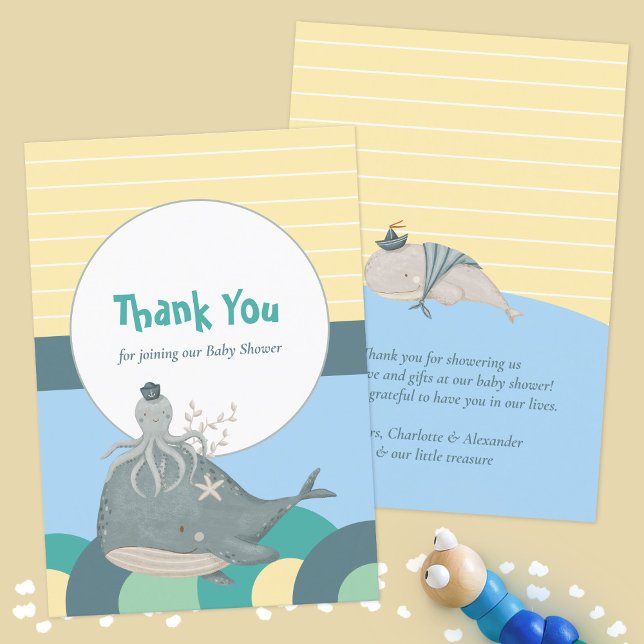Tarjeta De Agradecimiento Adorable pulpo de ballena náutico Baby Shower amar (Adorable Nautical Whale Squid Yellow Baby Shower Thank You Card ©Susanne Sachers - Sunny Mind Design)