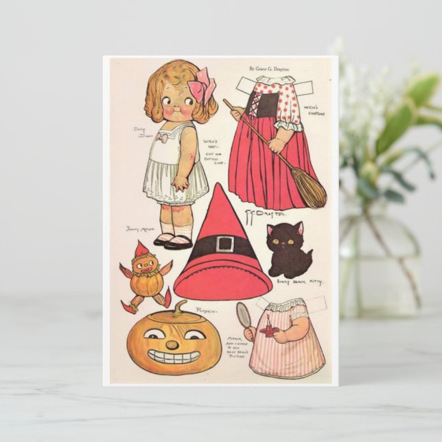Tarjeta De Agradecimiento Adorables muñecas de papel 🎃 bruja de Halloween (Anverso de pie)