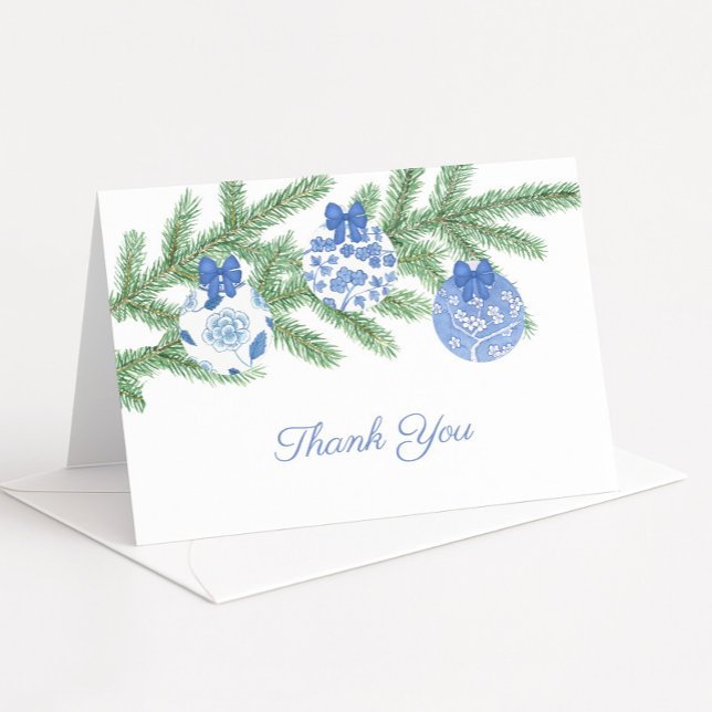 Tarjeta De Agradecimiento Adornos Navideños Azules Clásicos Blancos Regalo d (Blue and white chinoiserie baubles holiday theme thank you card)