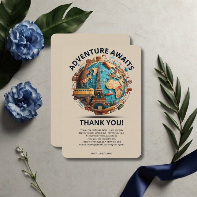 Tarjeta De Agradecimiento Adventure Awaits Modern Globe Baby Shower (Subido por el creador)