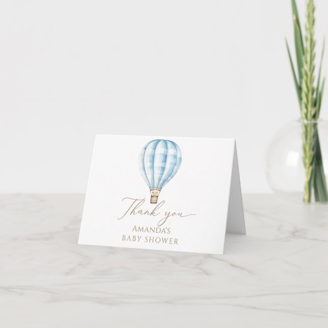 Tarjeta De Agradecimiento Adventure Awath Blue Hot Air Balloon Baby Shower (Anverso)