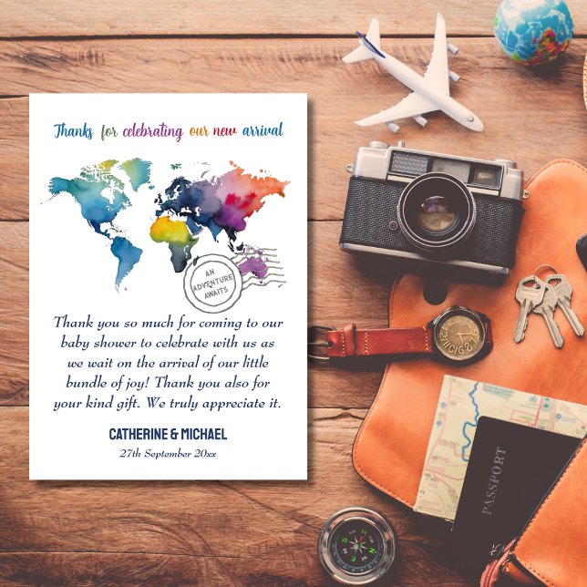 Tarjeta De Agradecimiento Adventure Awath World Map Travel Baby Shower (Subido por el creador)