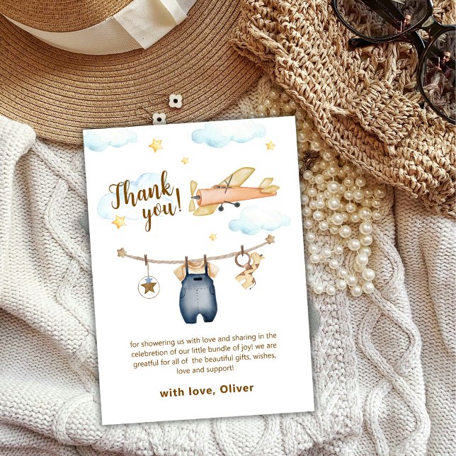 Tarjeta De Agradecimiento Adventure Clothesline Airplane Sky Baby Shower (Adventure Clothesline Airplane Sky Baby Shower Thank You Card)