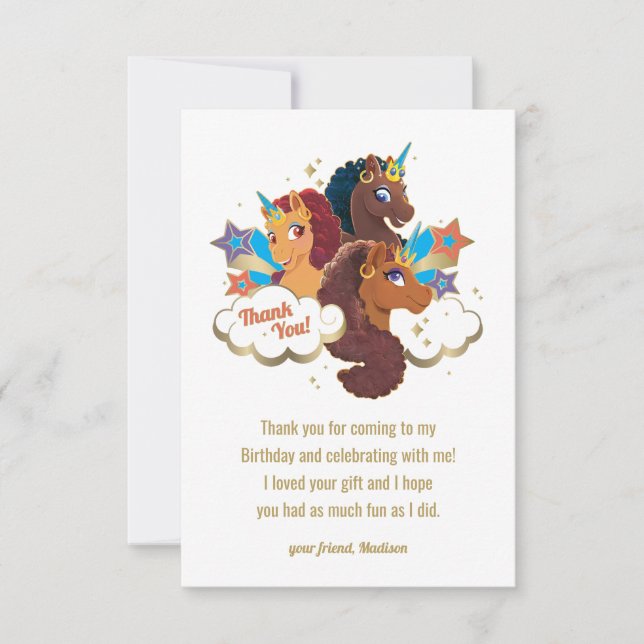 Tarjeta De Agradecimiento Afro Unicornio | Cumpleaños de Chicas Mágicas (Anverso)