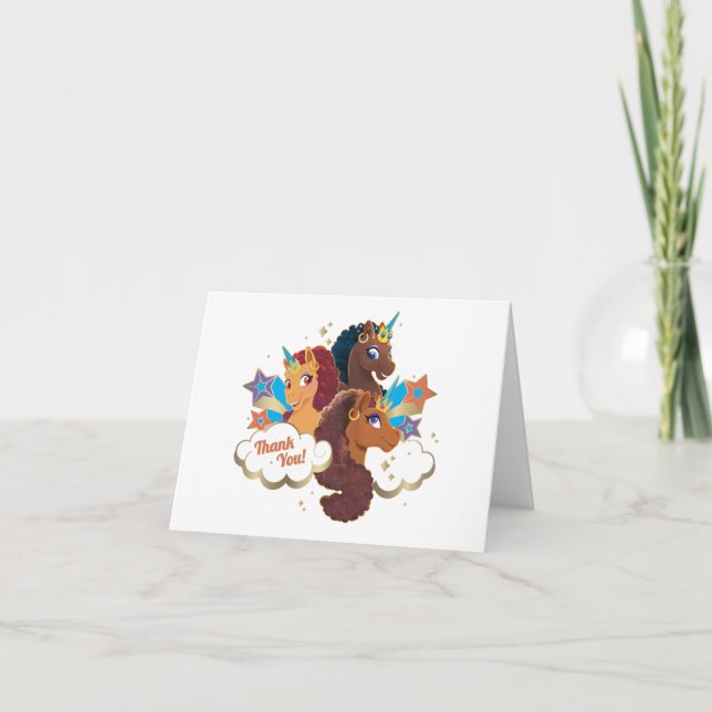 Tarjeta De Agradecimiento Afro Unicornio | Cumpleaños de Chicas Mágicas (Anverso)
