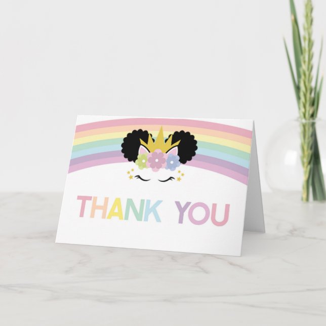 Tarjeta De Agradecimiento Afropuff Unicornio y las estrellas Purpurinas del  (Anverso)