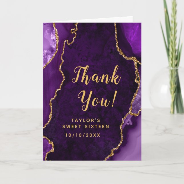 Tarjeta De Agradecimiento Agate morado y dorado dulce dieciséis (Anverso)