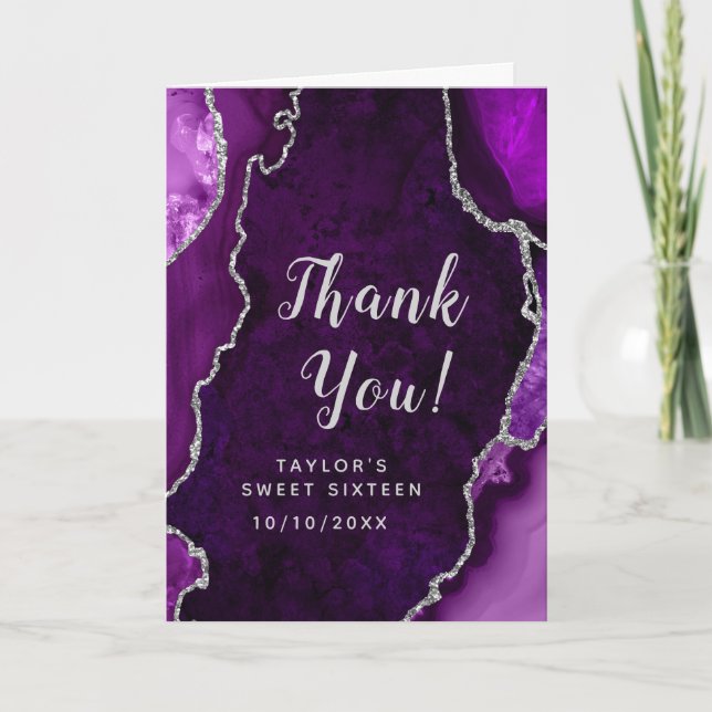 Tarjeta De Agradecimiento Agato morado y plateado dulce dieciséis (Anverso)