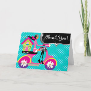Tarjeta De Agradecimiento Agente Inmobiliario House Scooter Chicas Dots Grac