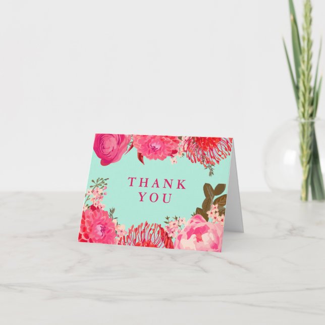 Tarjeta De Agradecimiento Agradable Floral Rosa y Mint Gracias (Anverso)