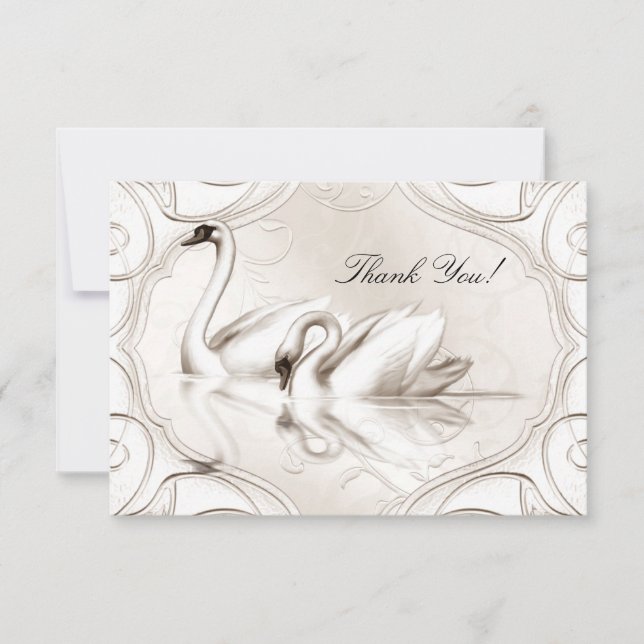 Tarjeta De Agradecimiento Agradecer Elegante Boda Crema Cisnes Blancos Set (Anverso)