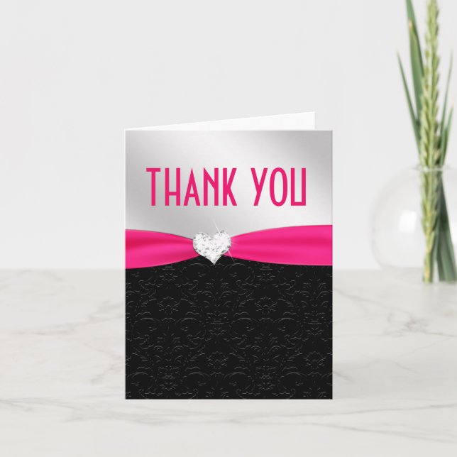 Tarjeta De Agradecimiento Agradecimientos de Diamante de Floral Negro y Rosa (Anverso)