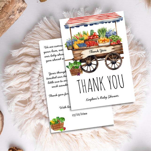 Tarjeta De Agradecimiento Agricultores locales comercializan la ducha de beb (Locally grown farmers market baby shower thank you card vintage farm stall cart with vegetablies)