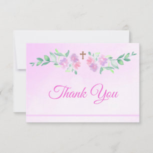 Tarjeta De Agradecimiento Agua de Rosa Rosa Acuarela Ombre Cruz Bautizo Bebé