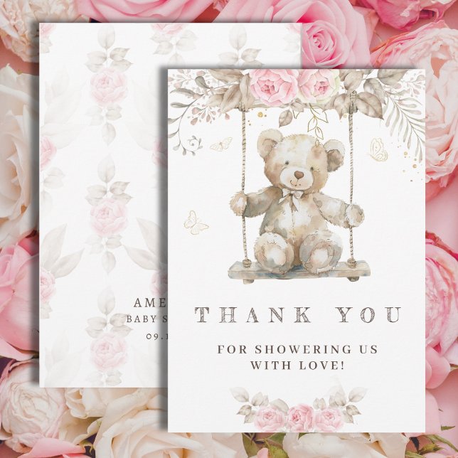 Tarjeta De Agradecimiento Agua dulce beige Teddy Bear Flora Rosa (Subido por el creador)